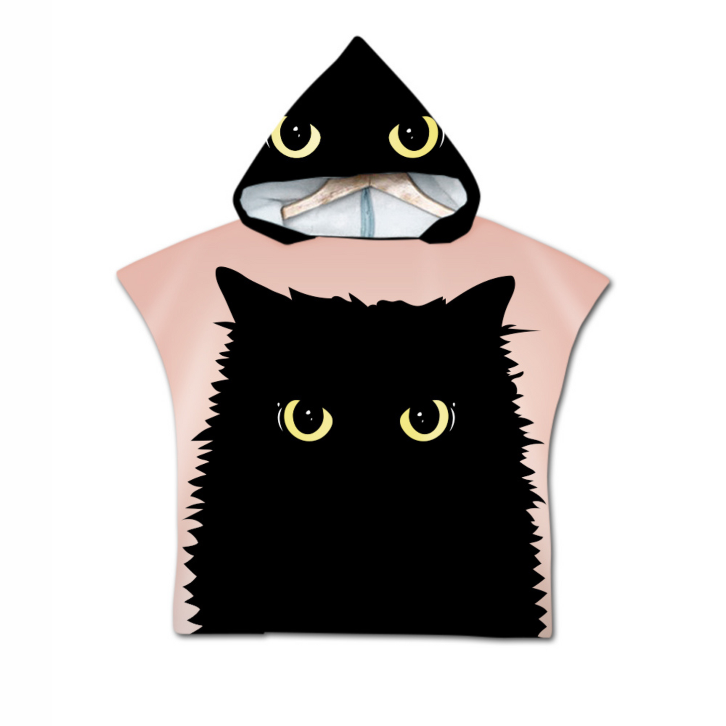 Kids Poncho Towel in pink with black cat print