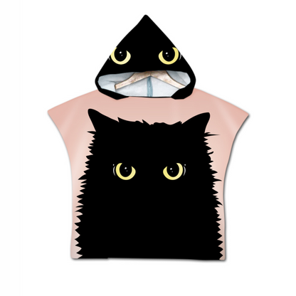 Kids Poncho Towel in pink with black cat print