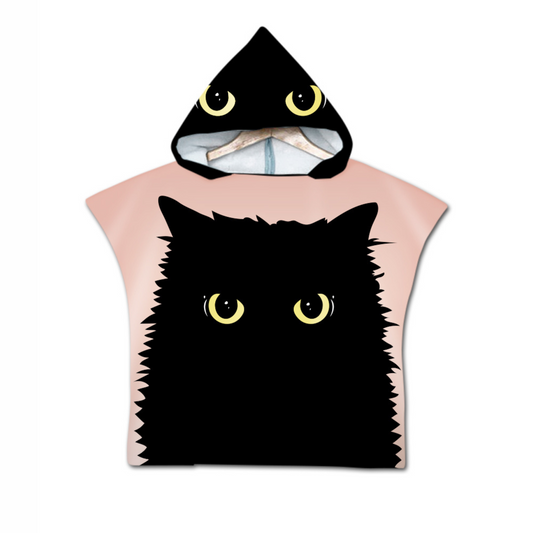 Kids Poncho Towel in pink with black cat print