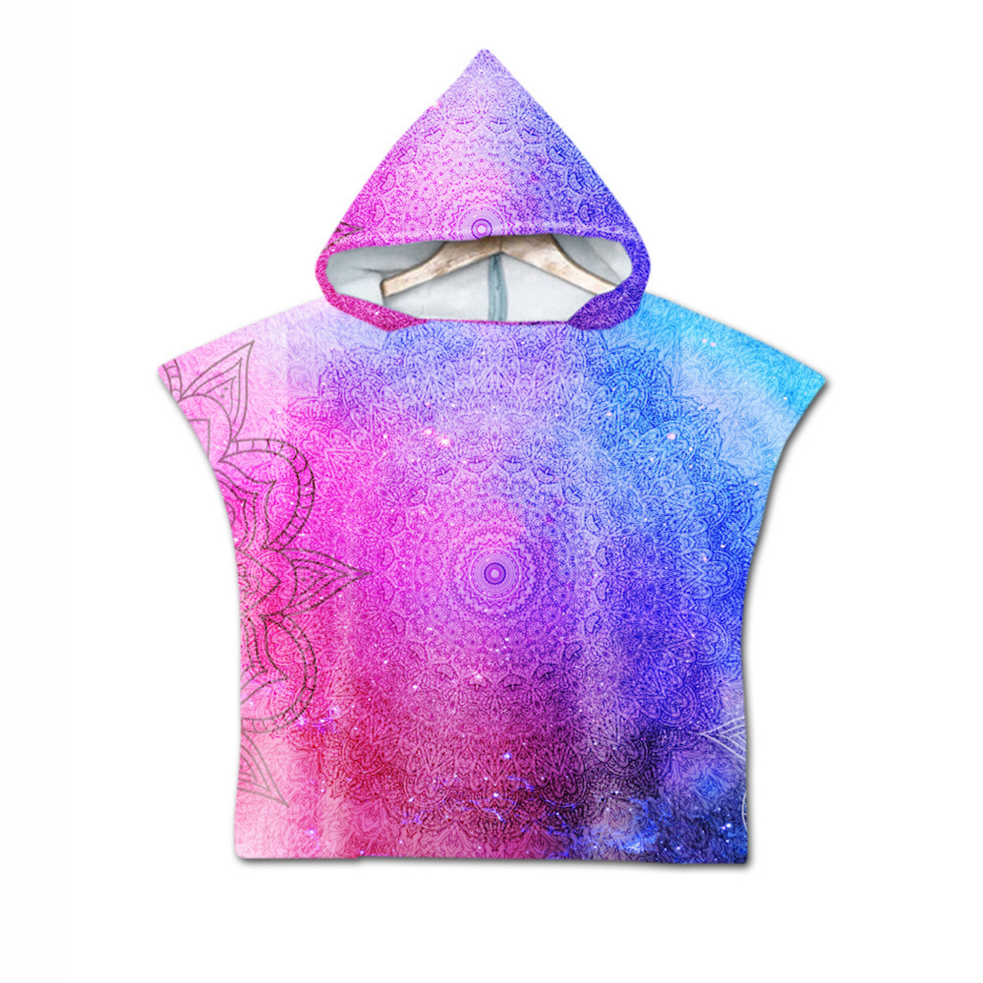 Kids Poncho Towel with Oriental Mandala print in pink and light blue