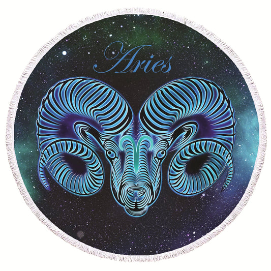 Round Beach Towel with Starsign print in dark blue and bright shiny blue and the stars in the background. Masmarizing Design of your starsig Aries